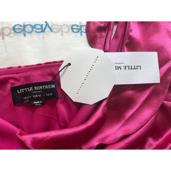 NWT! Fuchsia Pink Satin Wrap Dress By Little Mistress, Spring Wedding! Size. 10 - Picture 4 of 5